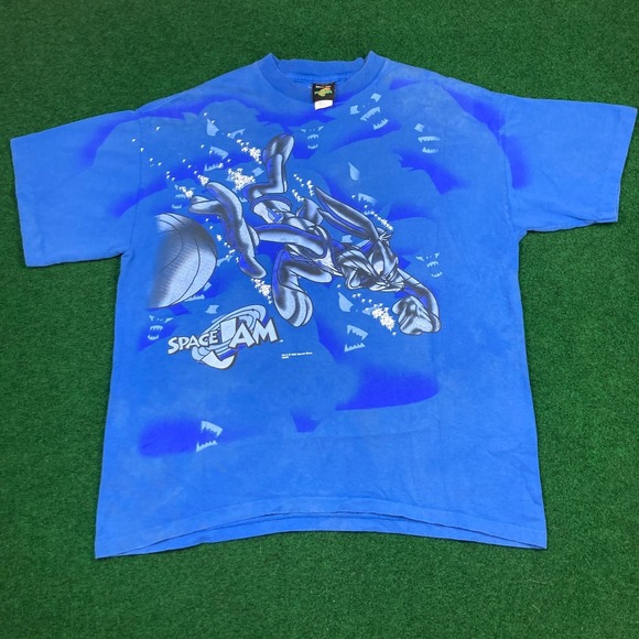 Vintage Looney Tunes Space Jam Shirt Mens XL Blue 1996 AOP Bugs Bunny 90s USA - Picture 2 of 16